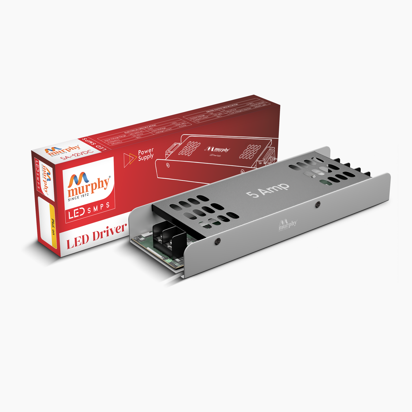 Murphy 5A 12V DC LED Driver (SMPS) | Constant Voltage Power Supply for Indoor LED Strip Lights | Aluminium Body | BIS Approved | (1-Year Warranty)