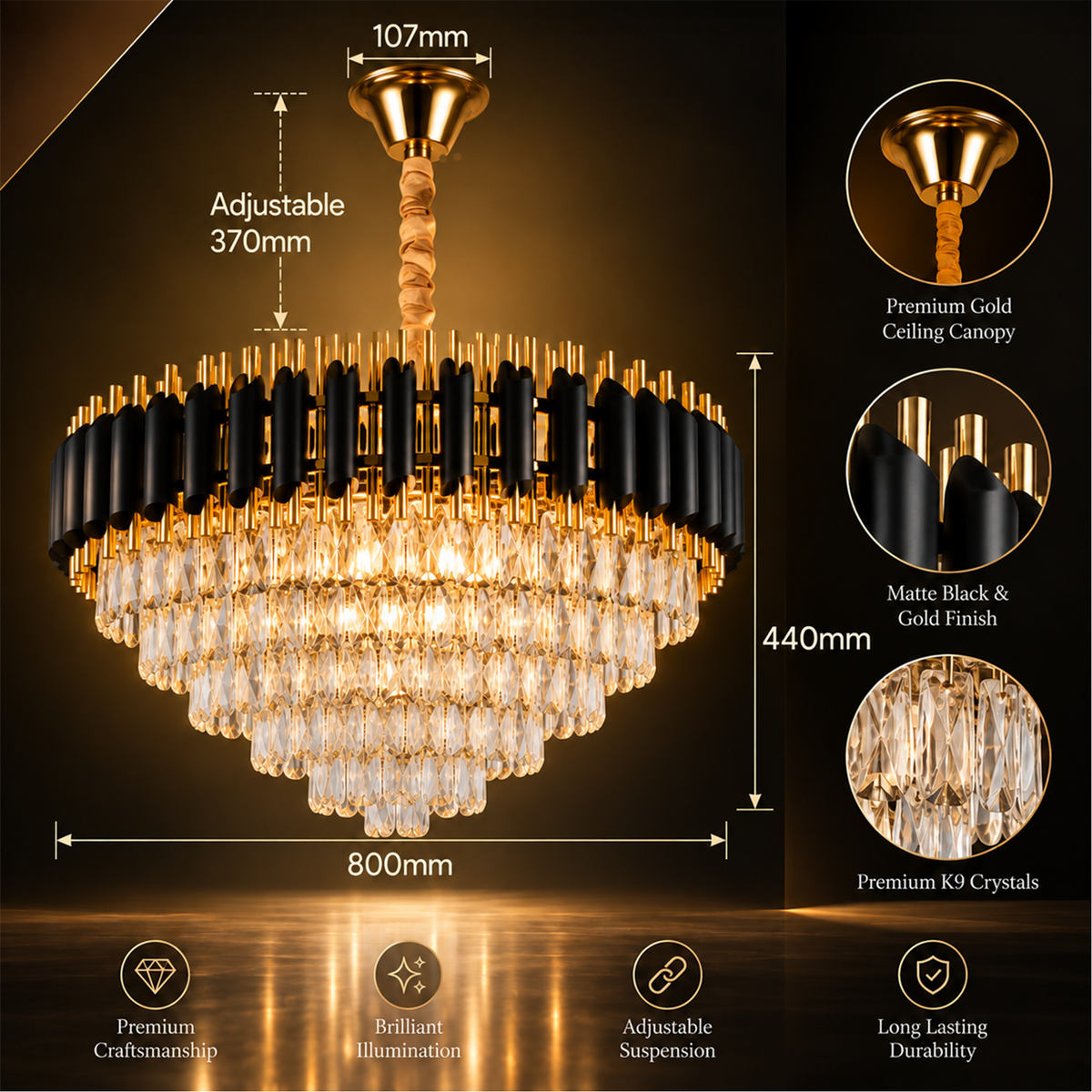 Murphy Luxury Crystal Chandelier | Black Gold Pendant Ceiling Light
