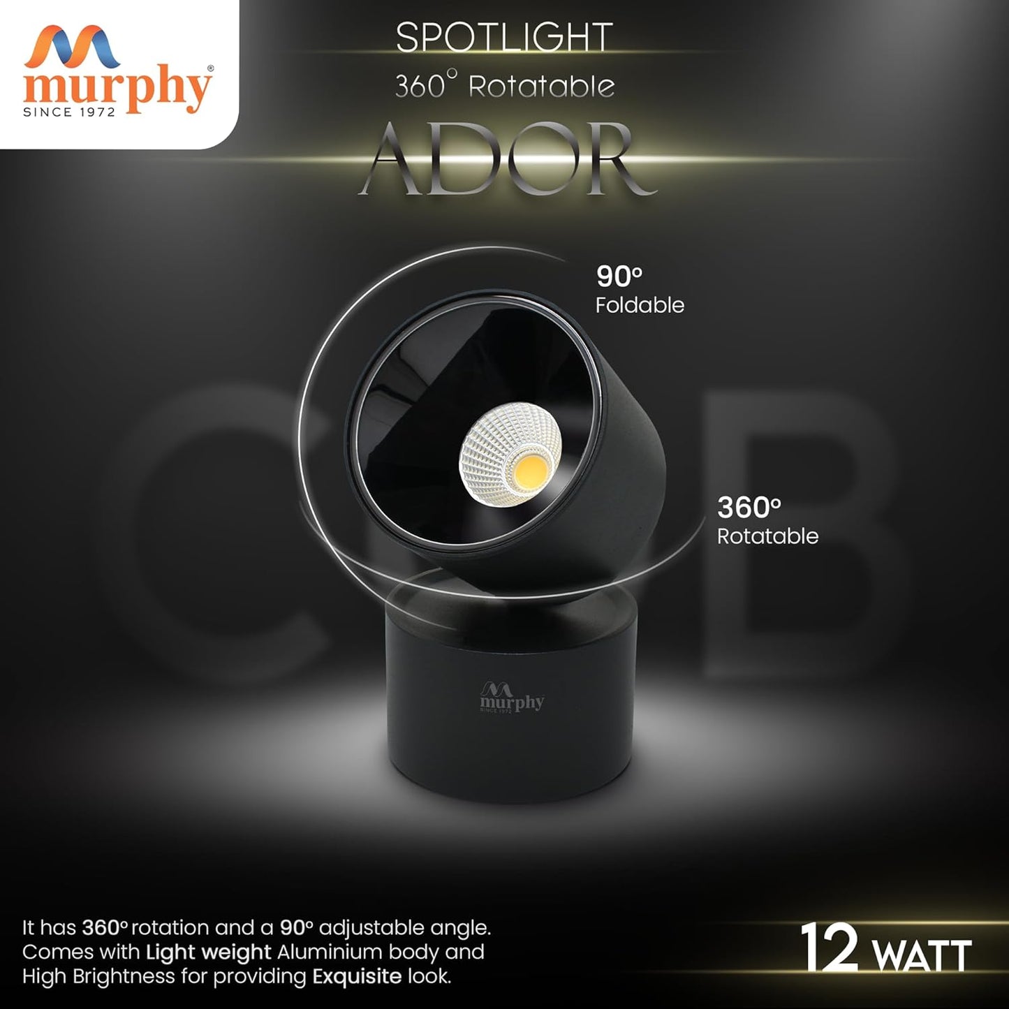 Murphy 12W Ador Black Body 360 Degree Adjustable LED Surface COB Surface Light