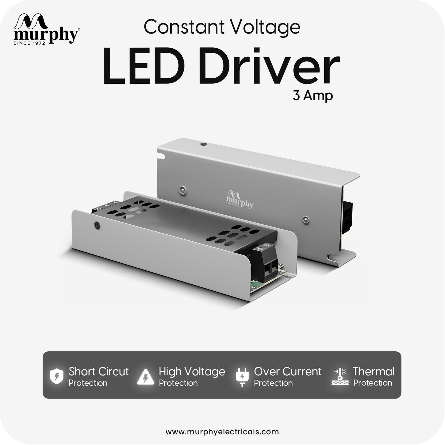 Murphy 3A 12V DC LED Driver (SMPS) | Constant Voltage Power Supply for Indoor LED Strip Lights | Aluminium Body | BIS Approved | (1-Year Warranty)