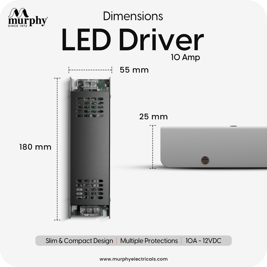Murphy 10A 12V DC LED Driver (SMPS) | Constant Voltage Power Supply for Indoor LED Strip Lights | Aluminium Body | BIS Approved |  (1-Year Warranty)