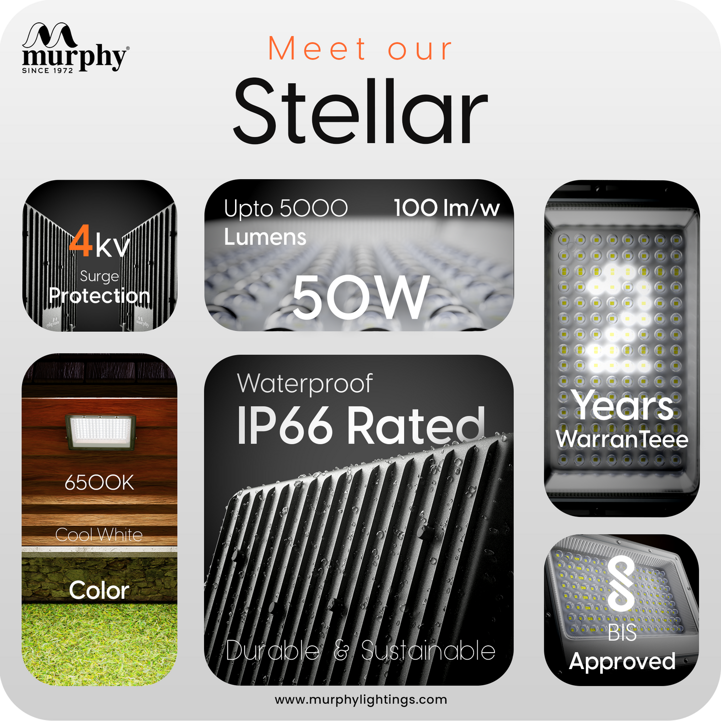 Murphy Steller LED 50W LED Flood Light, IP65 Rated Outdoor Light (Cool White, BIS Approved)