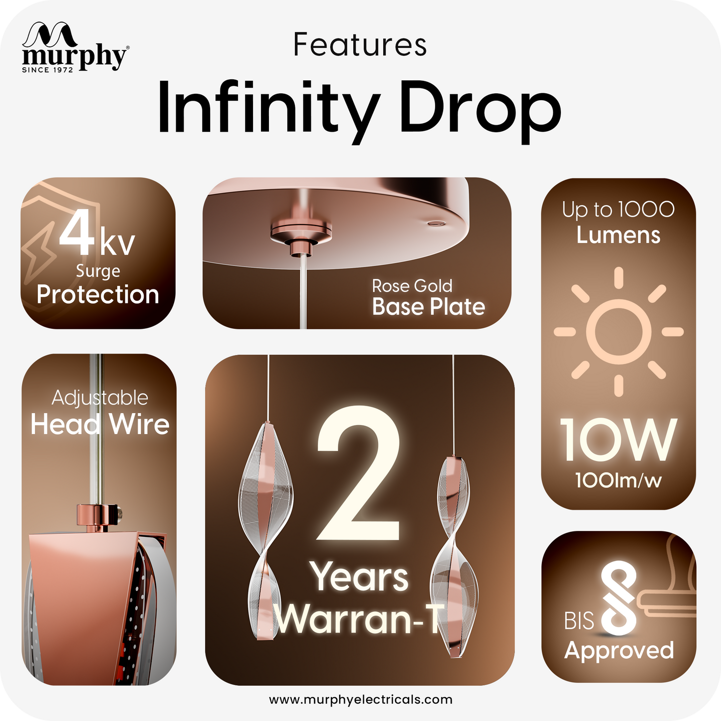 Murphy Infinity Drop Pendant Light 10W | 3-in-1 Colour Changing | 3-in-1 Colour (WW/NW/CW) | Rose Gold Hanging Ceiling Lamp | Adjustable Wire | BIS Approved | 2-Year Warranty