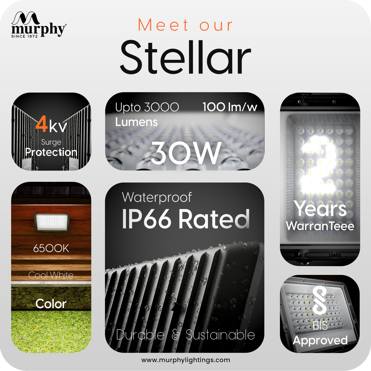 Murphy Steller 30W Led Waterproof with Auto On/Off Day Night Light Sensor Flood Light(Cool White, BIS Approved)