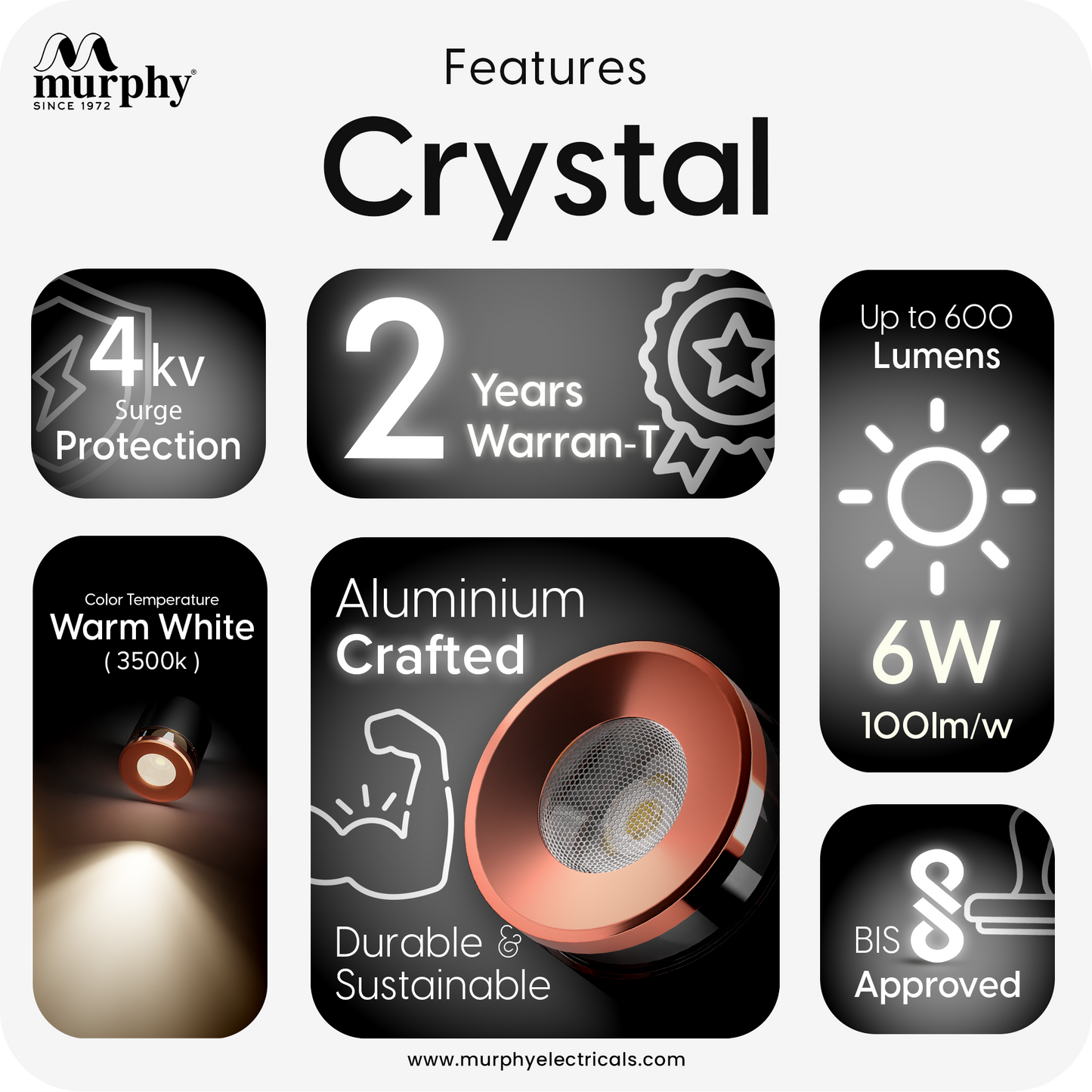 Murphy 6W Crystal Black Rose Gold Cylindrical COB Surface Light