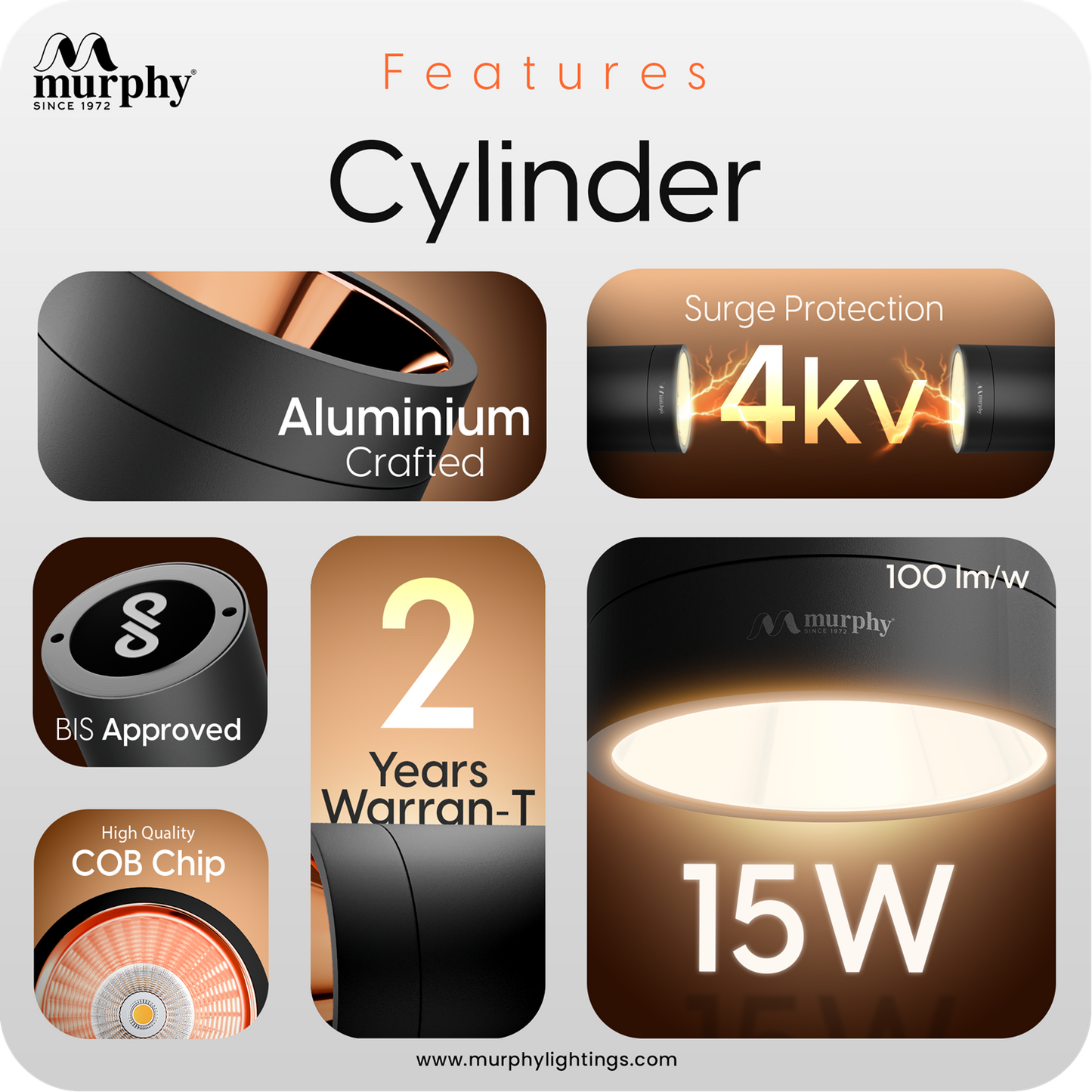 Murphy 15W Cylindrical Surface Mounted COB Spot Downlight