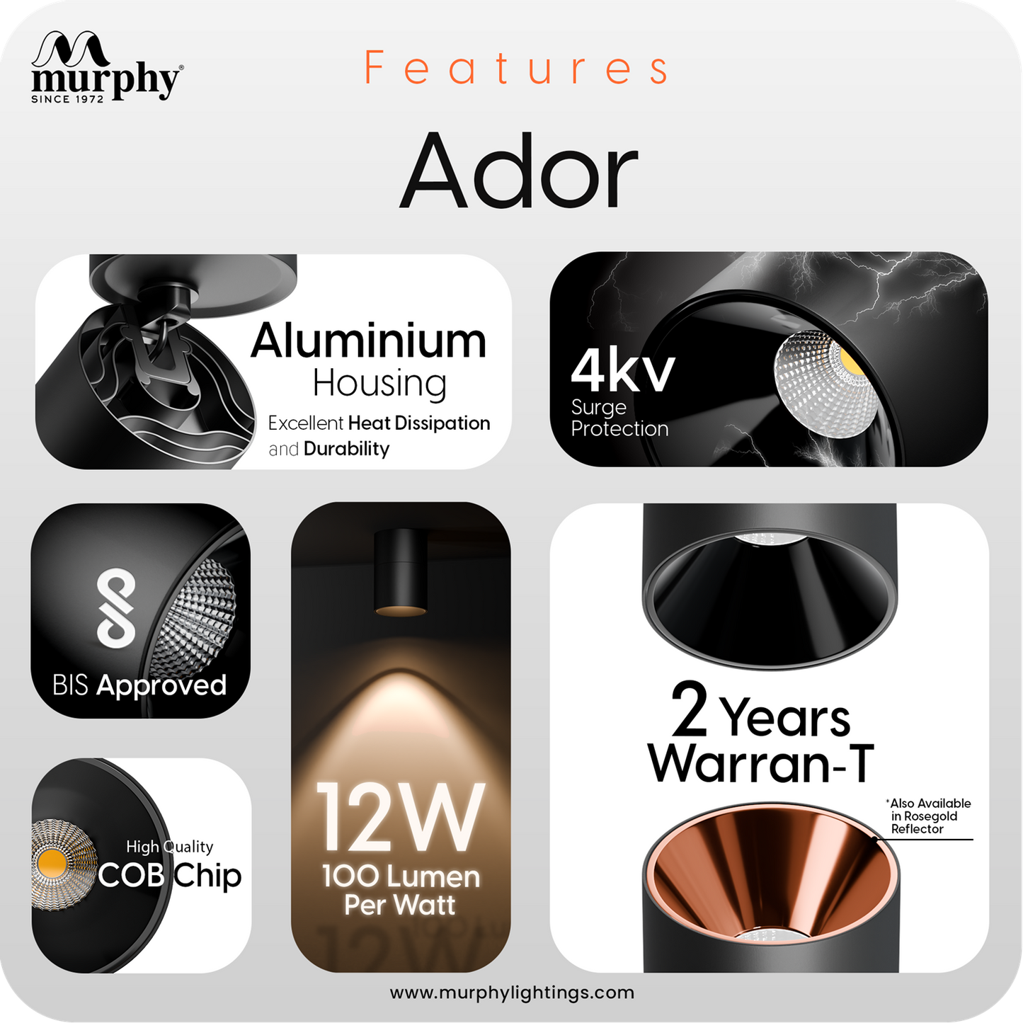 Murphy 12W Ador Black Body 360 Degree Adjustable LED Surface COB Surface Light