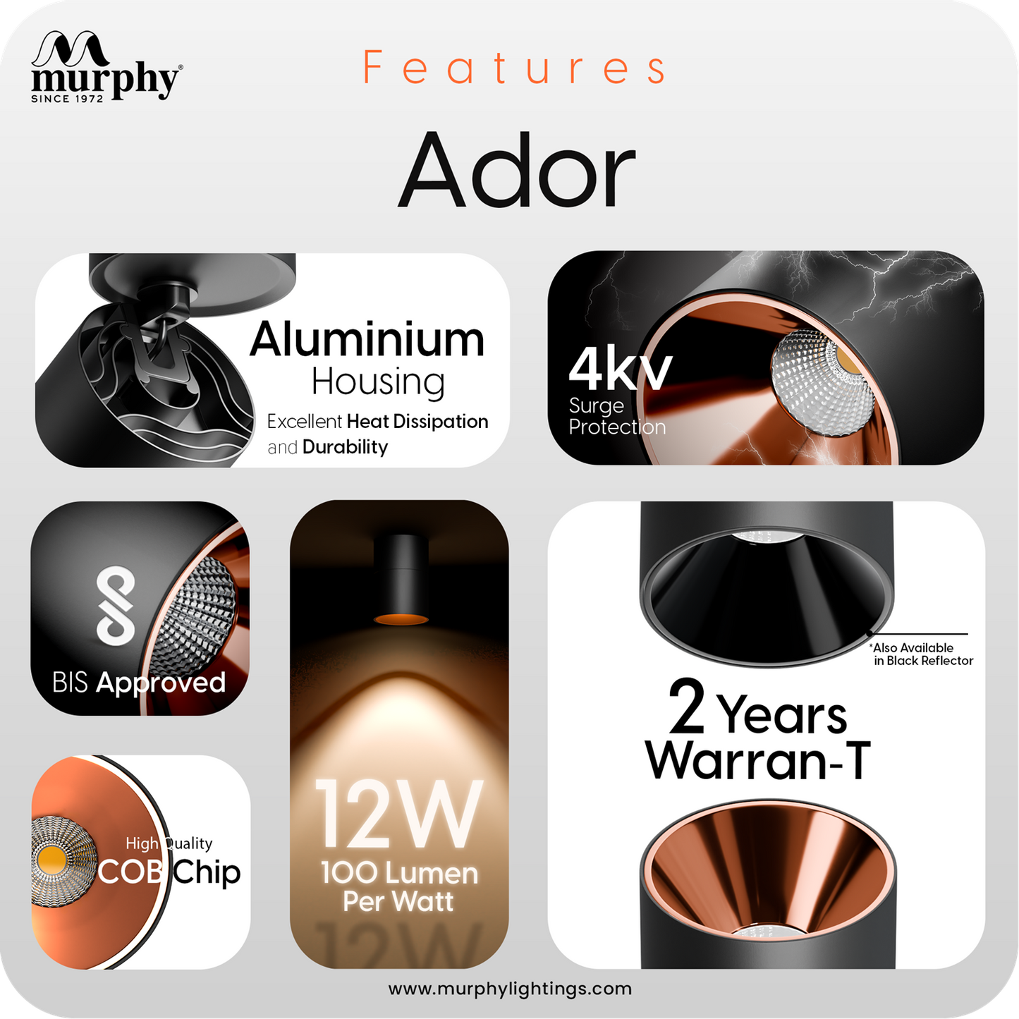 Murphy 12W Ador Black Body Reflective Rose Gold Finish 360 Degree Adjustable LED Surface COB Surface Light