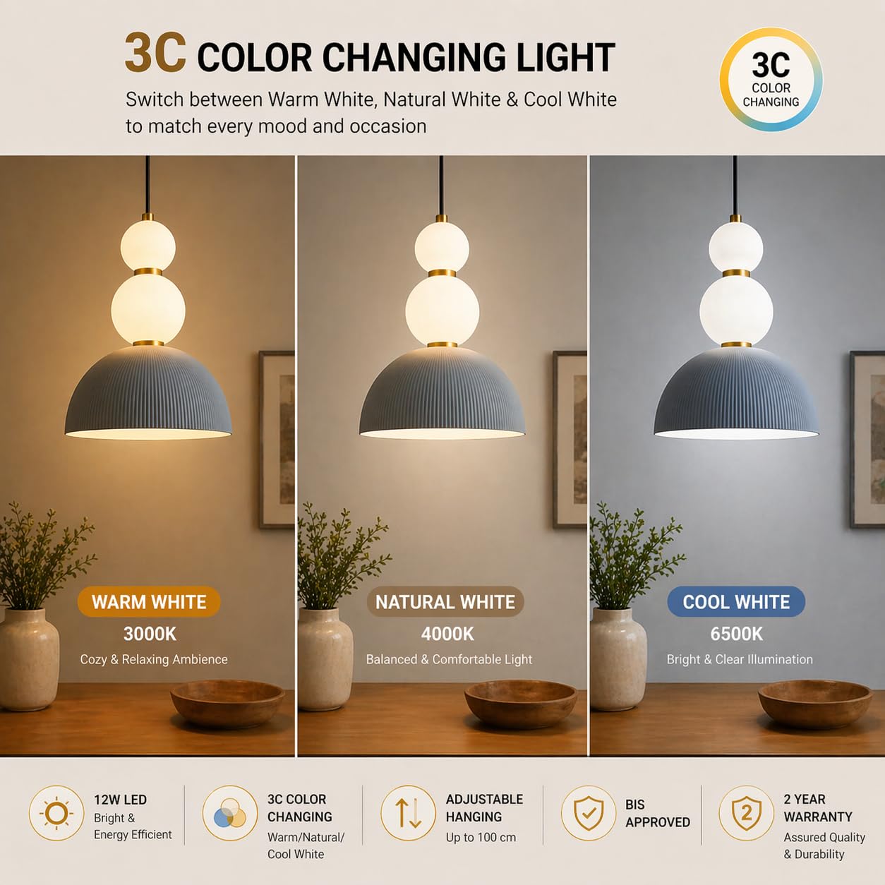 Murphy Pearl Drop 12W LED Pendant Light | 3C Color Changing Warm/Natural/Cool White | Golden Grey Finish | Adjustable Hanging Ceiling Lamp | BIS Approved | 2 Year Warranty