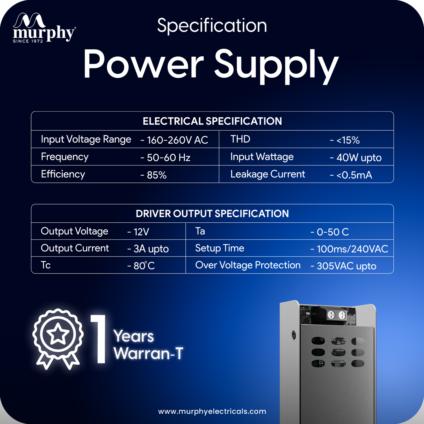 Murphy 3A 12V DC LED Driver (SMPS) | Constant Voltage Power Supply for Indoor LED Strip Lights | Aluminium Body | BIS Approved | (1-Year Warranty)