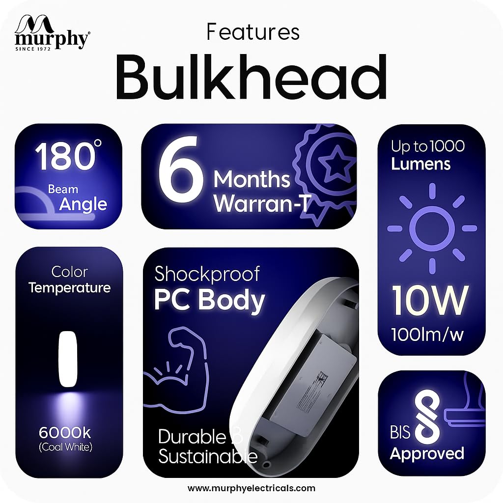Murphy 10W Motion Sensor Bulkhead Light with 6-Month Warranty | Auto On-Off | IP65 Waterproof LED Wall Light for Bathroom, Garden, Porch, Indoor Outdoor Use | Cool White