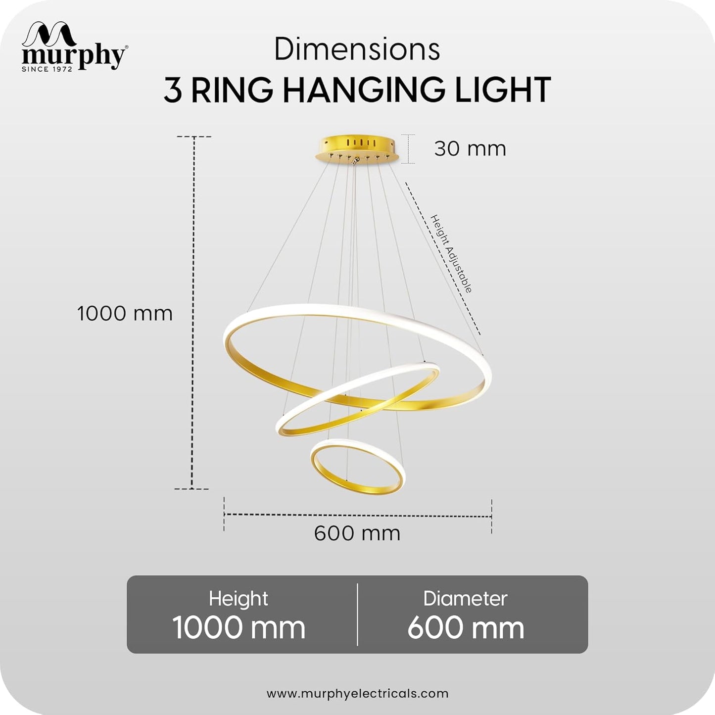 Murphy 3 Ring Modern LED Chandelier Ceiling Lamp | Gold Finish Pendant Light with 3 Color Modes (Cool White, Warm White, Natural White) for Living Room, Hall, Dining, Lobby