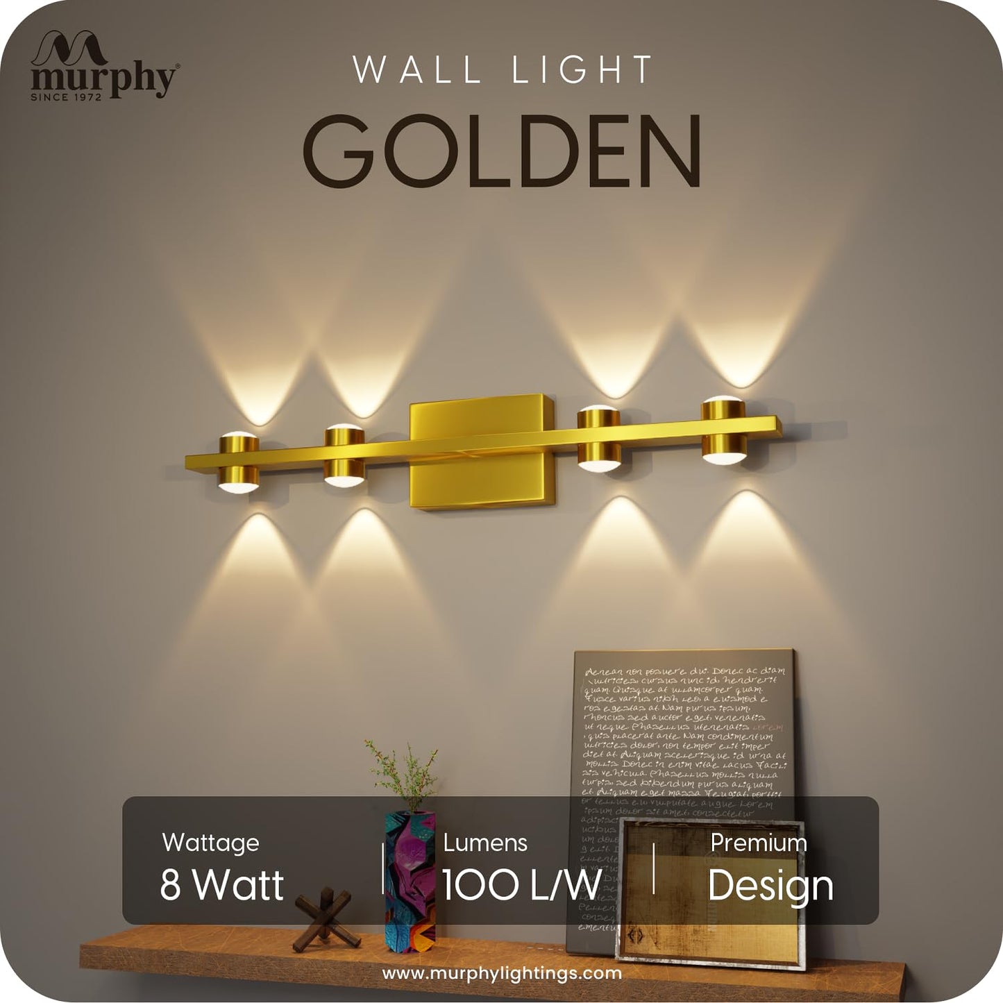 Murphy LED Stylish Up/Down Wall Light – Warm White, Rustproof Aluminum Body (4 Up & 4 Down, Gold Finish) (with 2 Years Warranty)