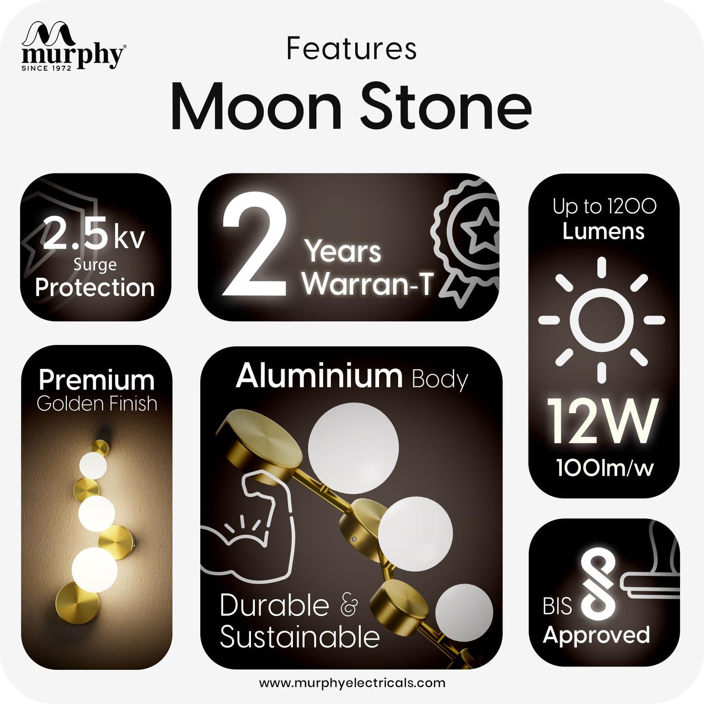 Murphy Moon Stone 12W LED Wall Light | 3 Color | Gold Finish |