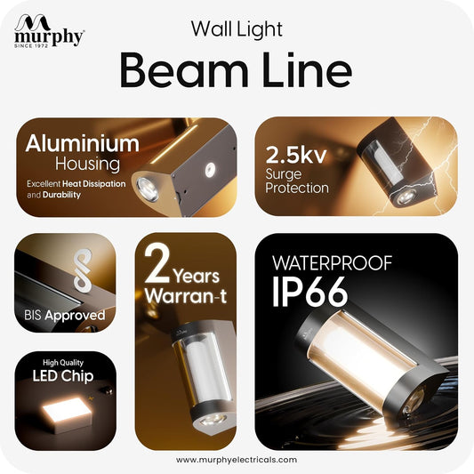 Murphy Beam Line 4W LED Outdoor/Indoor Wall Light | IP66 Waterproof | 2-Year Warranty | Up & Down Glow | Warm White | Shockproof Aluminium Body | Matt Black Finish |
