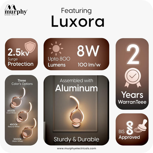 Murphy Luxora Elegant LED Wall Lamp for Home – 2 Years Warranty – Modern Aluminium Light with 3 Color Modes (Rose Gold)