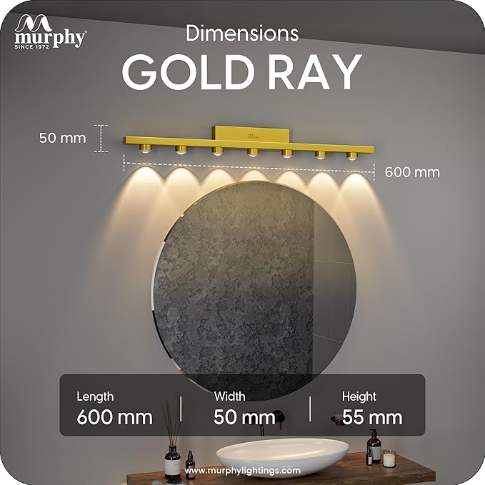 Murphy 7-Glow Goldray|LED Mirror/Vanity Light|- Luxurious Gold Finish|Warm White, 2-Year Warranty