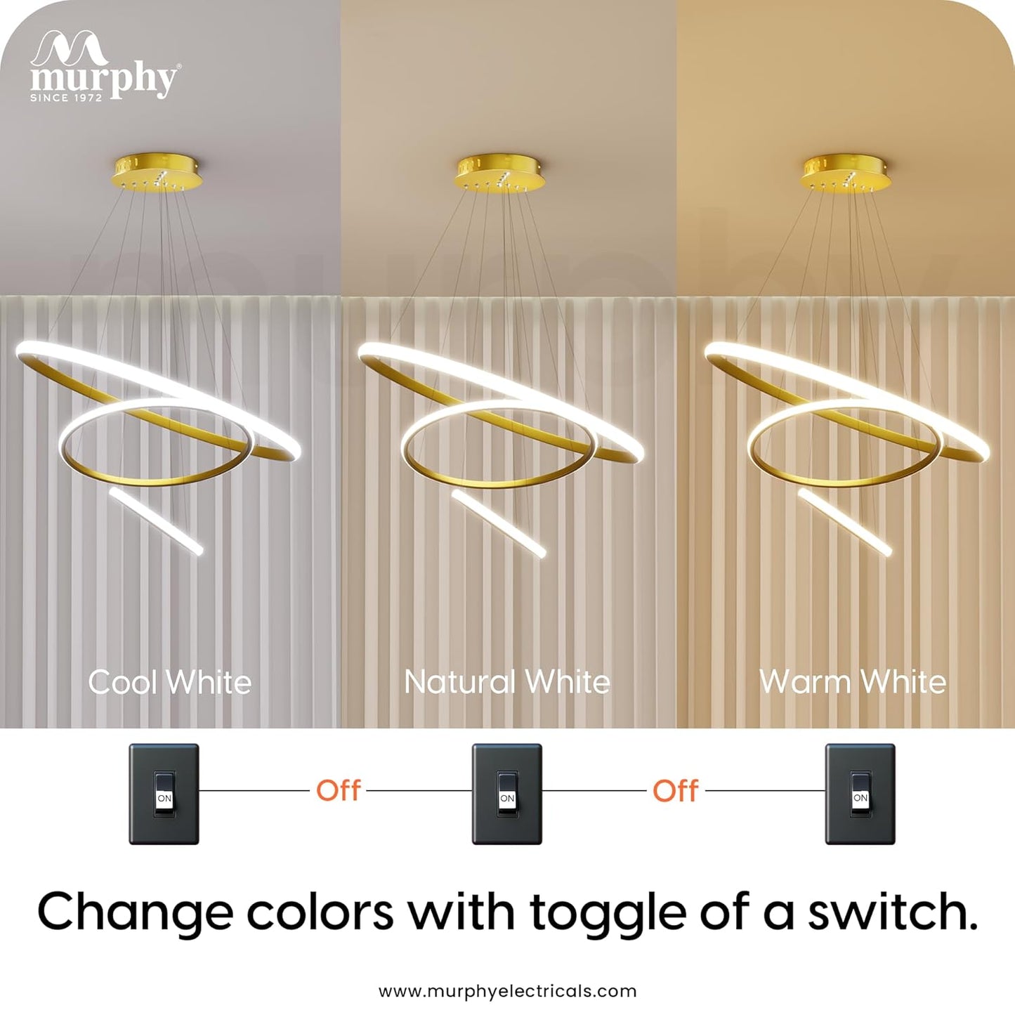Murphy 3 Ring Modern LED Chandelier Ceiling Lamp | Gold Finish Pendant Light with 3 Color Modes (Cool White, Warm White, Natural White) for Living Room, Hall, Dining, Lobby