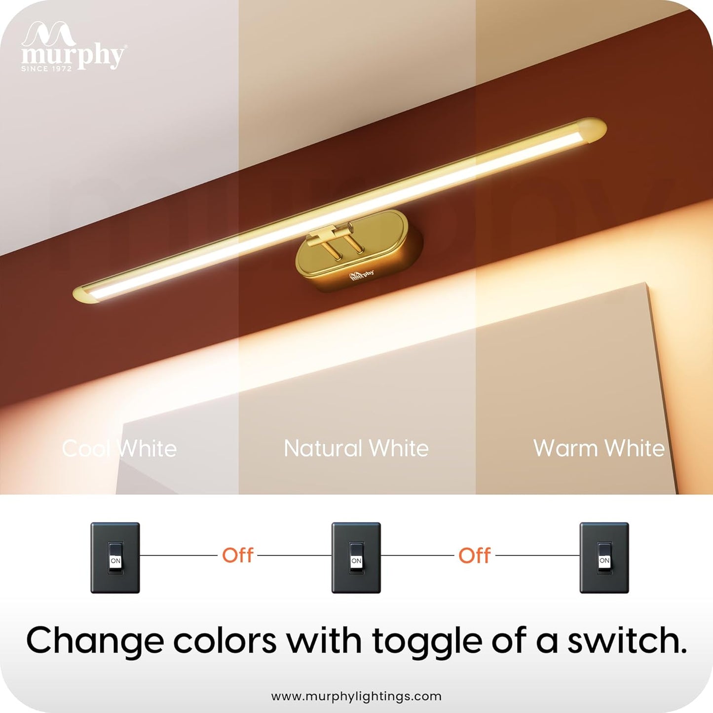 Murphy 6W 3-in-1 Color Chnaging FullBrass Finish Finish LED Mirror Picture Wall Light,Bathroom Vanity Led Mirror Light (Cool White/Warm White/Natural White)