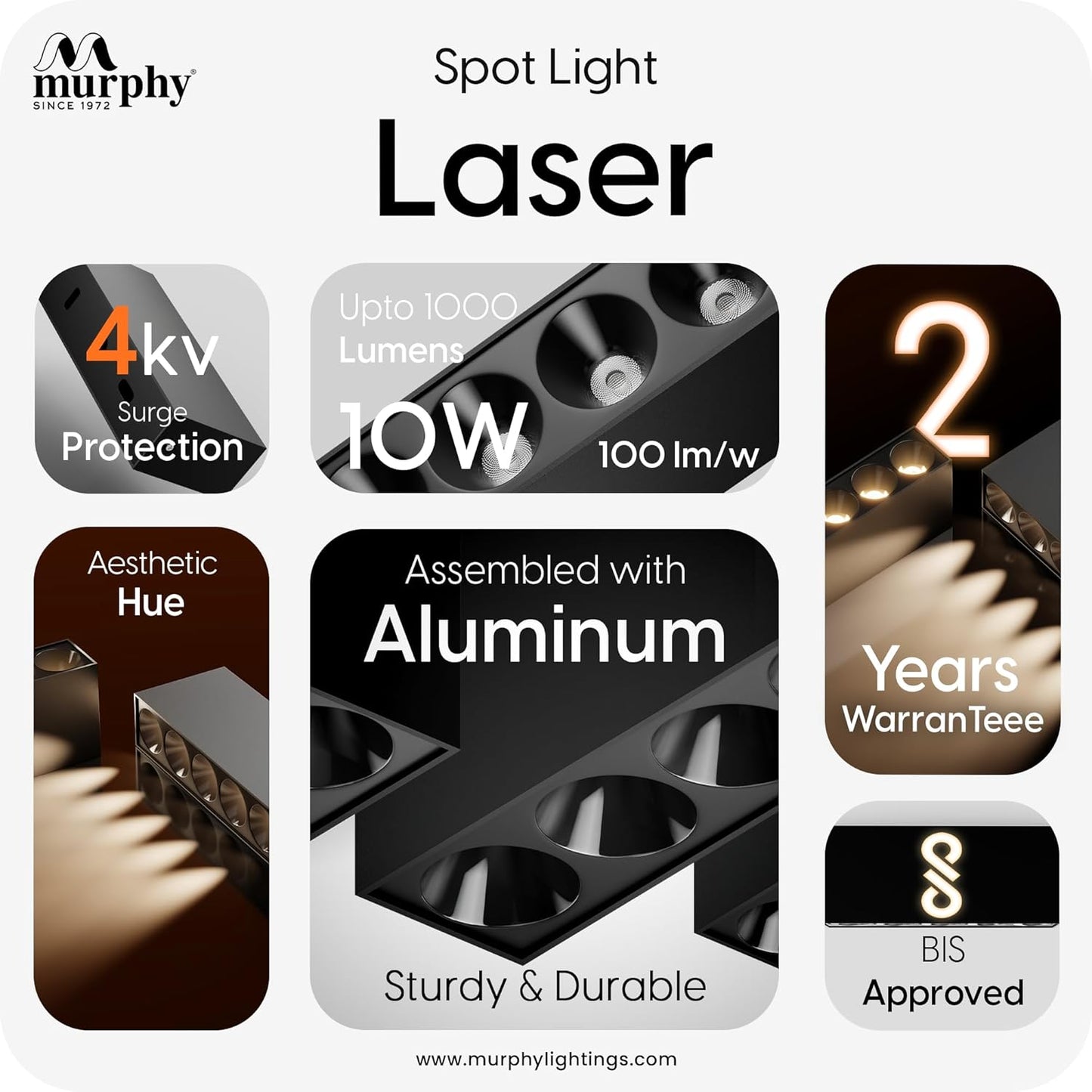 Murphy 10W Black Gold Finish Square Laser Surface LED COB Spot, Focus, Down Ceiling Light, Surface Light (Warm White, Pack of 1), with 2 Years Warranty