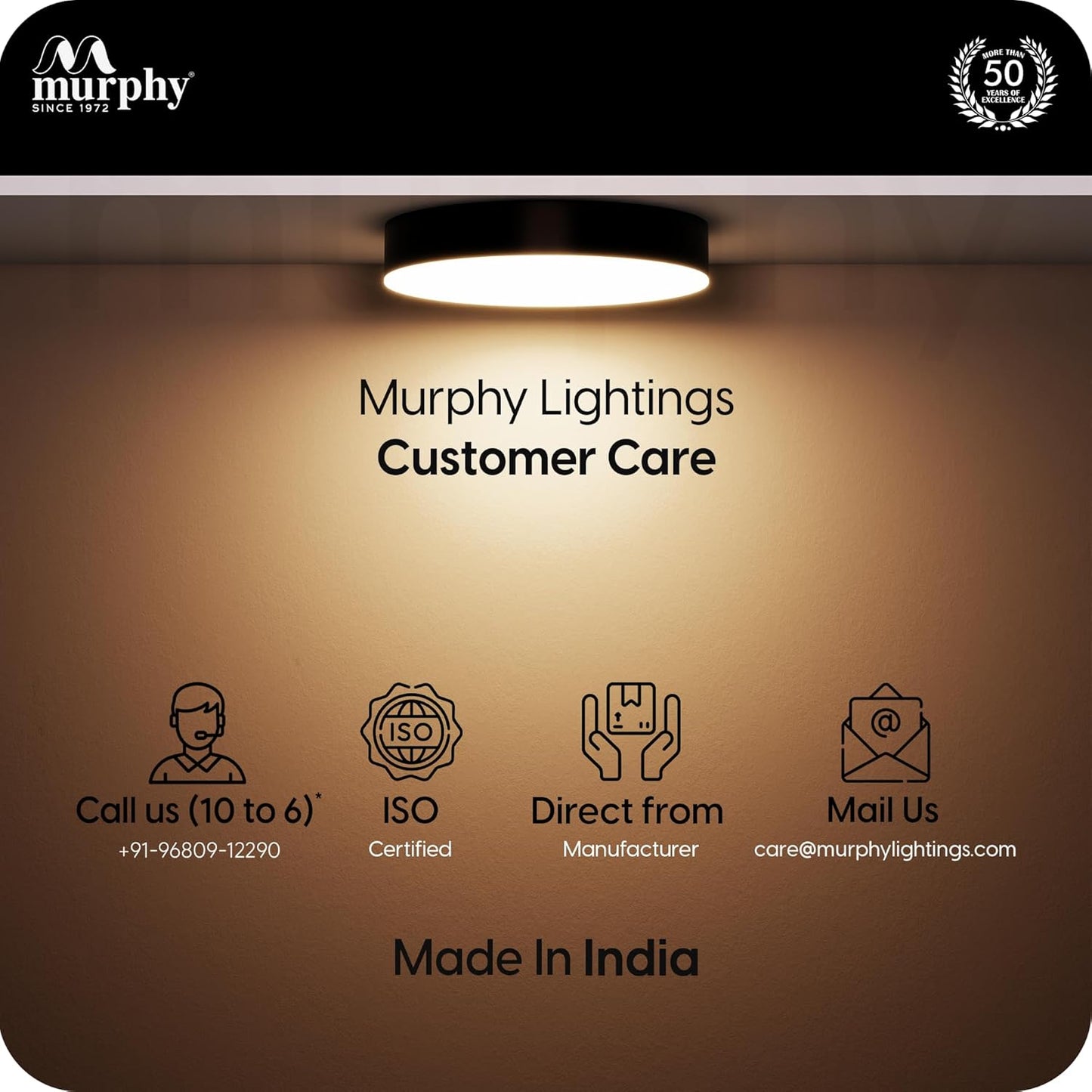 Murphy Rimless Surface LED Light 6W (Cool White, 6000K) – Black Shockproof PC Body, 100lm/W, BIS Approved, 4kV Surge Protection, 2-Year Warranty