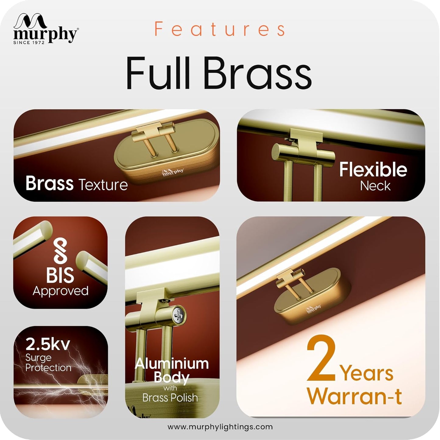 Murphy 6W 3-in-1 Color Chnaging FullBrass Finish Finish LED Mirror Picture Wall Light,Bathroom Vanity Led Mirror Light (Cool White/Warm White/Natural White)
