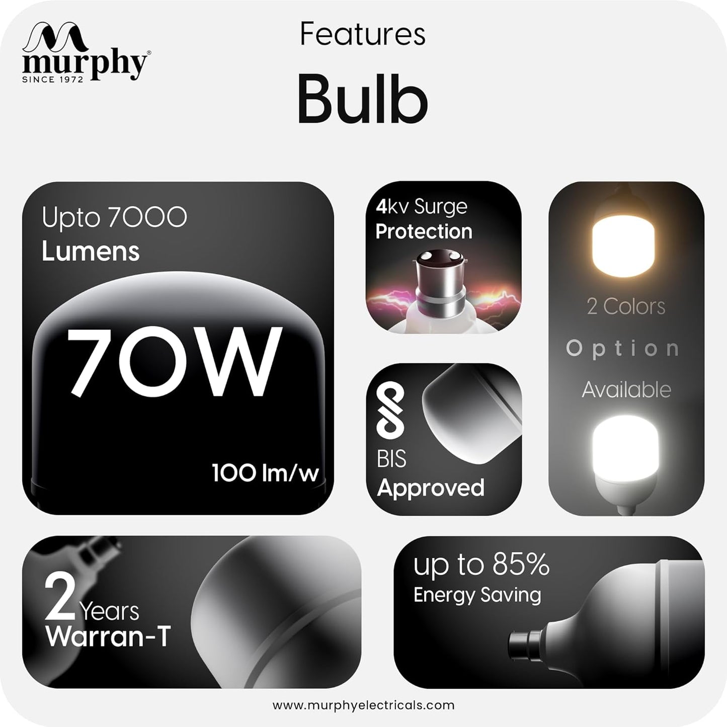 Murphy 70W LED Bulb β Cool Daylight | High Wattage Energy-Saving Bulb | B22 Base | Long Life | 6500K Bright White | 2-Year Warranty