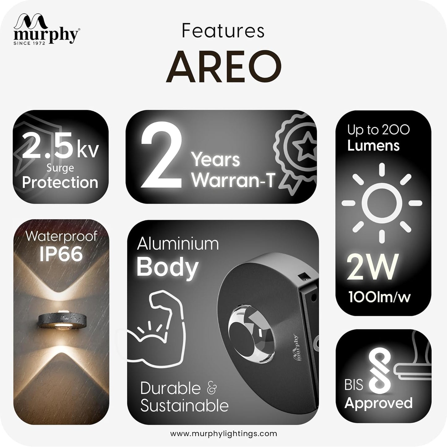 Murphy Areo 2-Way Waterproof LED Wall Light – Warm White, Aluminum Body, 2-Year Warranty, Indoor & Outdoor