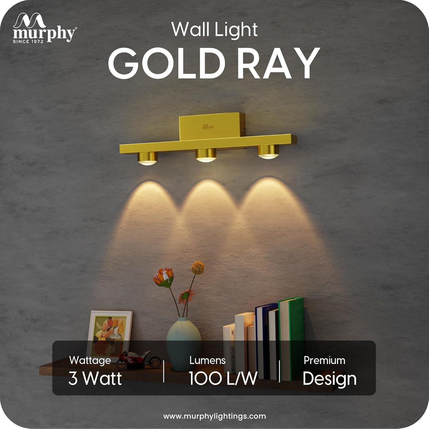 Murphy 3-Glow Goldray|LED Mirror/Vanity Light|- Luxurious Gold Finish|Warm White,