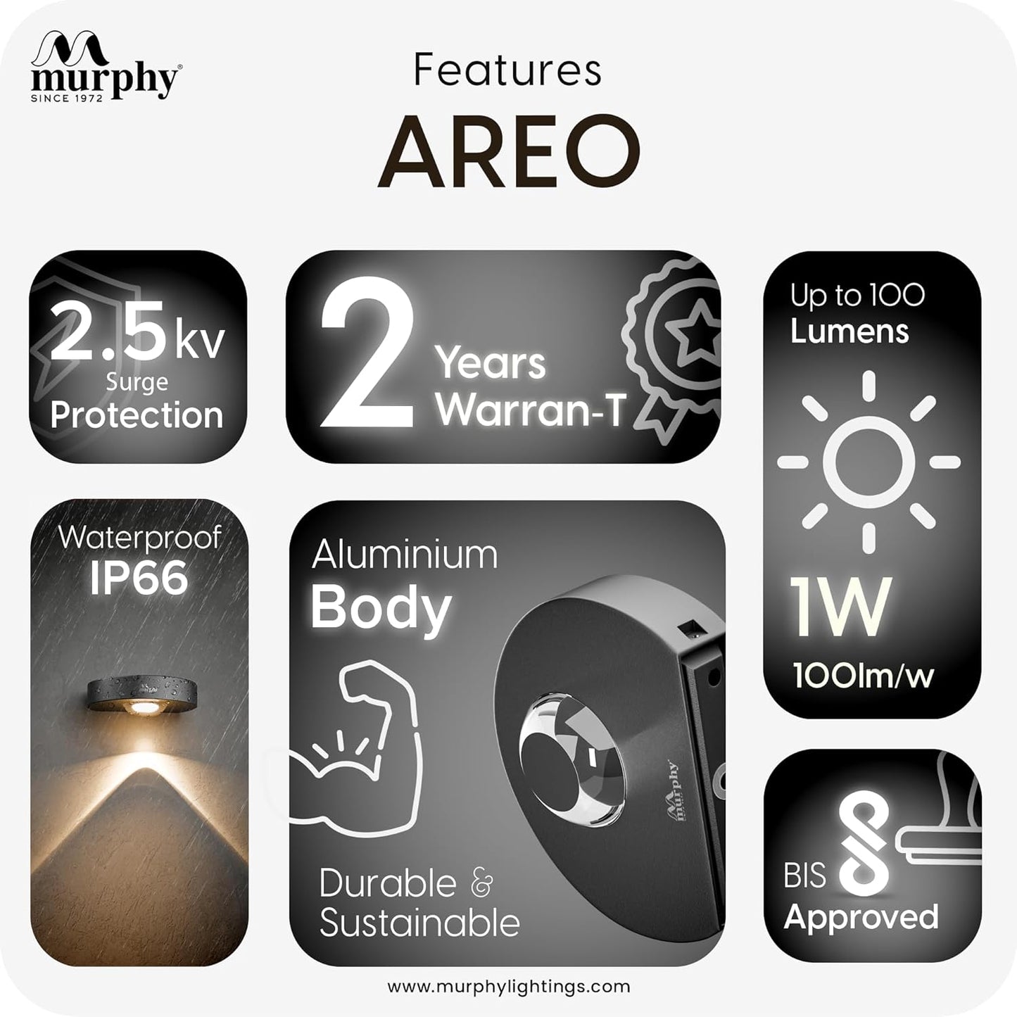 Murphy Areo 1-Way Waterproof LED Wall Light – Warm White, Aluminum Body, 2-Year Warranty, Indoor & Outdoor