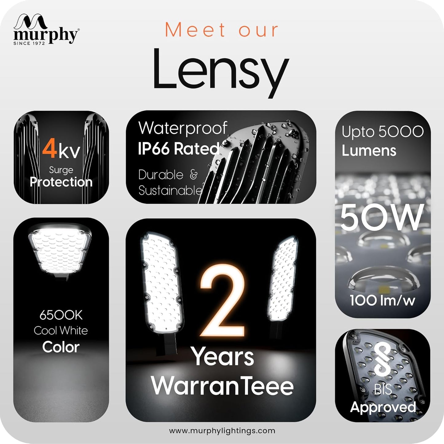 Murphy LED Lensy 50 Watts Ip-65 Bis Approved Waterproof Outdoor Street Light, Cool White
