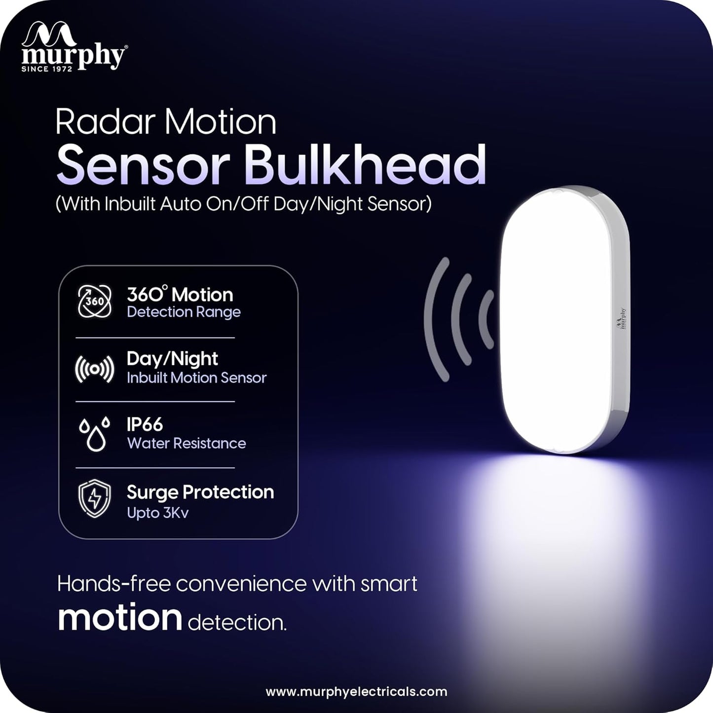 Murphy 10W Motion Sensor Bulkhead Light with 6-Month Warranty | Auto On-Off | IP65 Waterproof LED Wall Light for Bathroom, Garden, Porch, Indoor Outdoor Use | Cool White