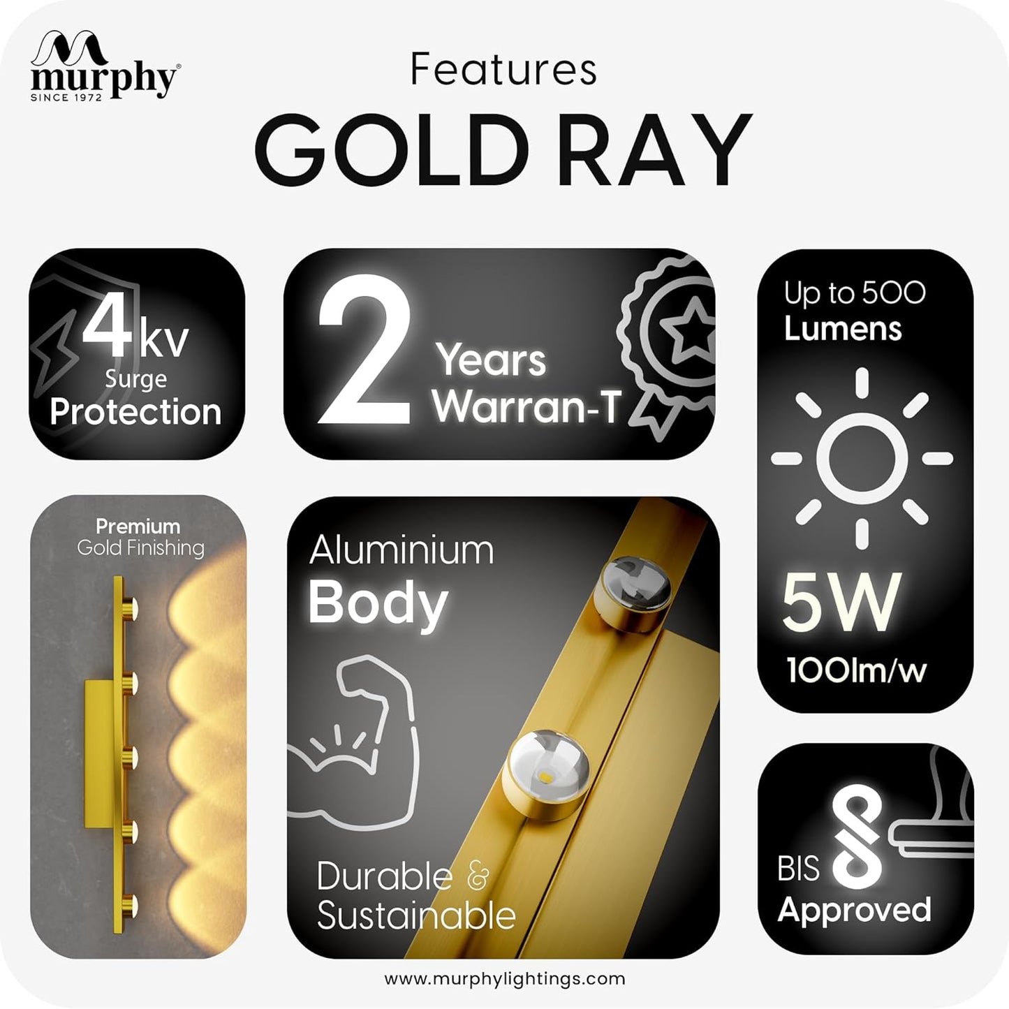 Murphy 5-Glow Goldray|LED Mirror/Vanity Light|- Luxurious Gold Finish|Warm White, 2-Year Warranty