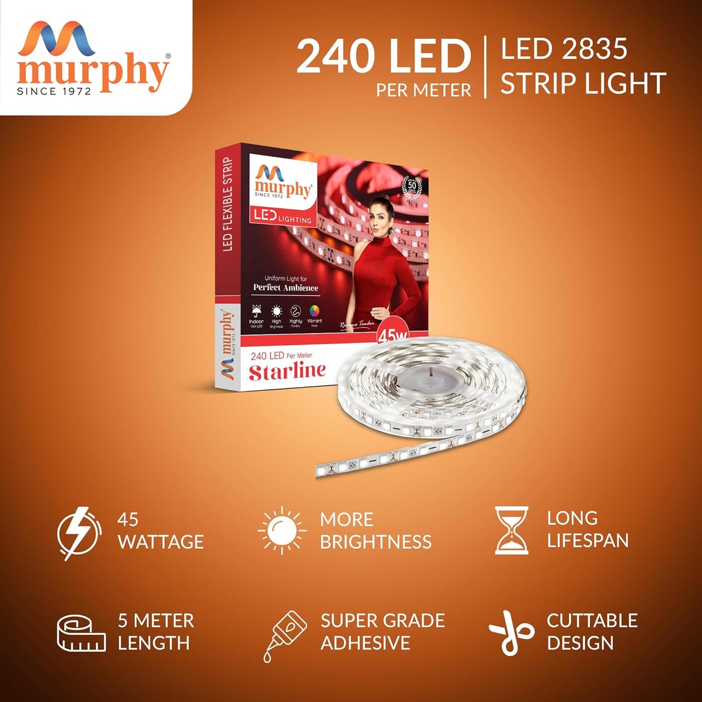 Murphy 45W LED Strip Light 2835 High Lumen 5 Metre (120 LEDs/Mtr) Cool White – 12V DC 10A Driver Included | Cove/False Ceiling/Decor Light