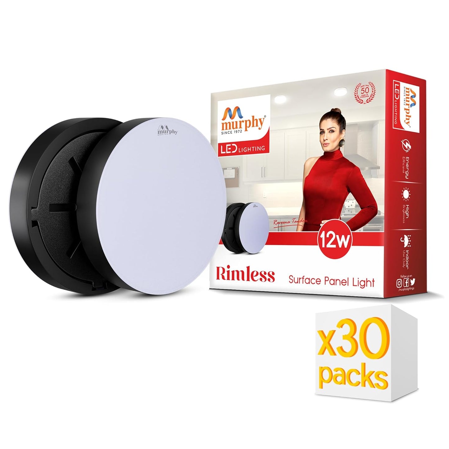 Murphy Rimless Surface LED Light 12W (Cool White, 6000K) – Black Shockproof PC Body, 100lm/W, BIS Approved, 4kV Surge Protection, 2-Year Warranty