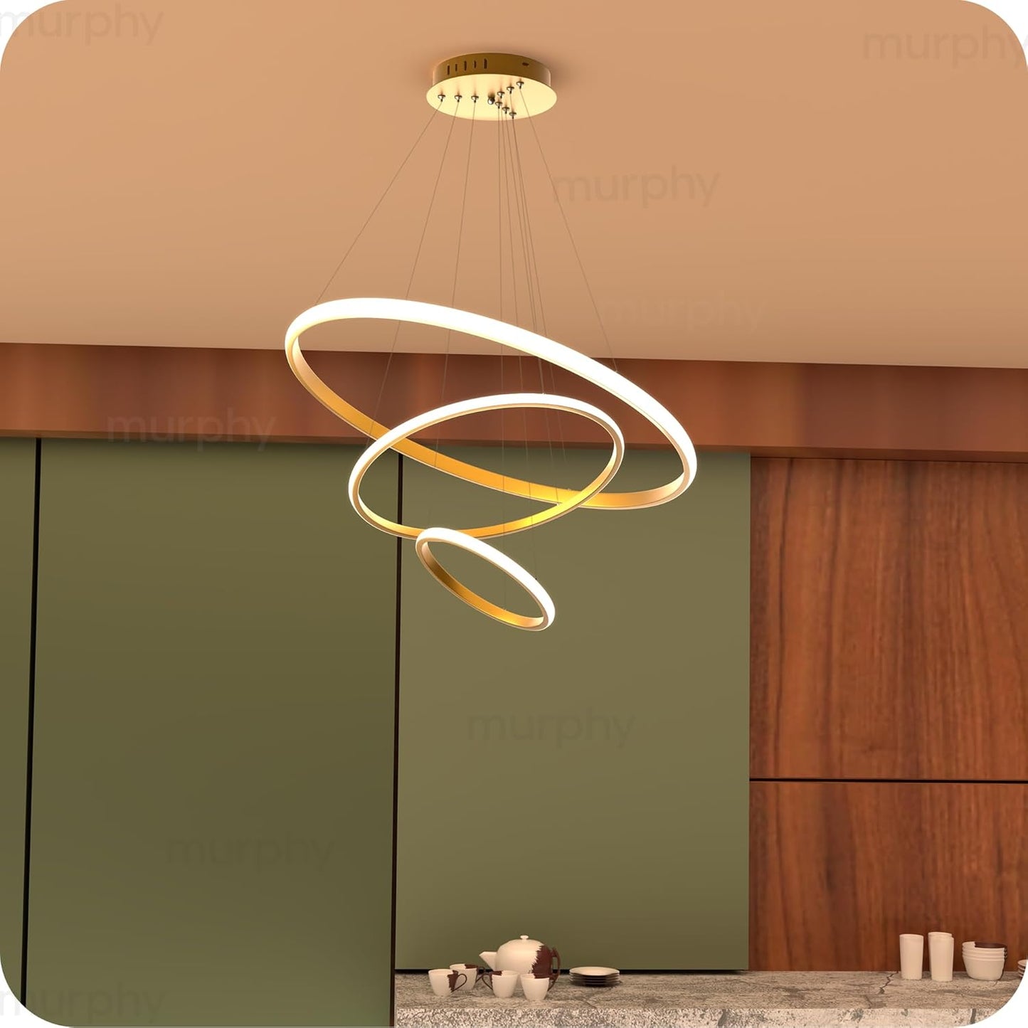 Murphy 3 Ring Modern LED Chandelier Ceiling Lamp | Gold Finish Pendant Light with 3 Color Modes (Cool White, Warm White, Natural White) for Living Room, Hall, Dining, Lobby