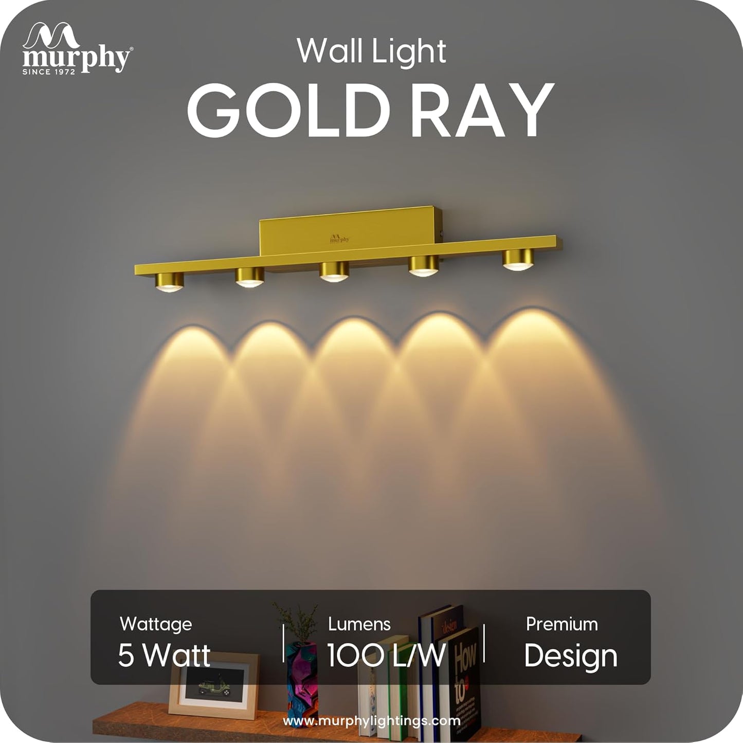 Murphy 5-Glow Goldray|LED Mirror/Vanity Light|- Luxurious Gold Finish|Warm White, 2-Year Warranty