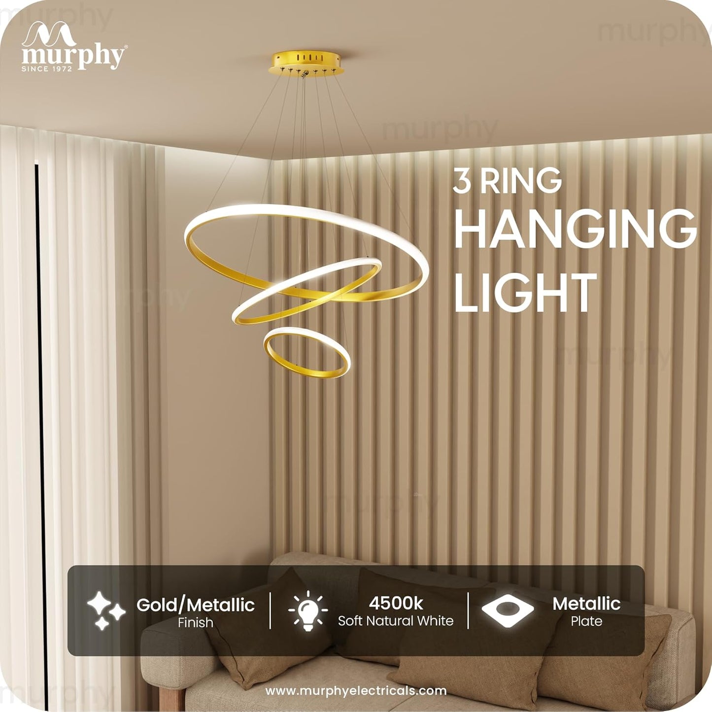 Murphy 3 Ring Modern LED Chandelier Ceiling Lamp | Gold Finish Pendant Light with 3 Color Modes (Cool White, Warm White, Natural White) for Living Room, Hall, Dining, Lobby