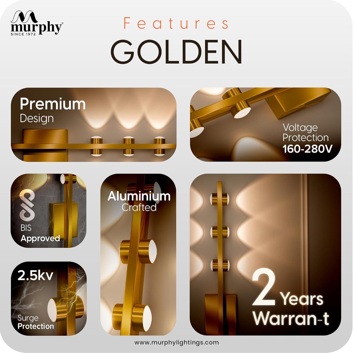 Murphy LED Stylish Up/Down Wall Light – Warm White, Rustproof Aluminum Body (3 Up & 3 Down, Gold Finish) (with 2 Years Warranty)
