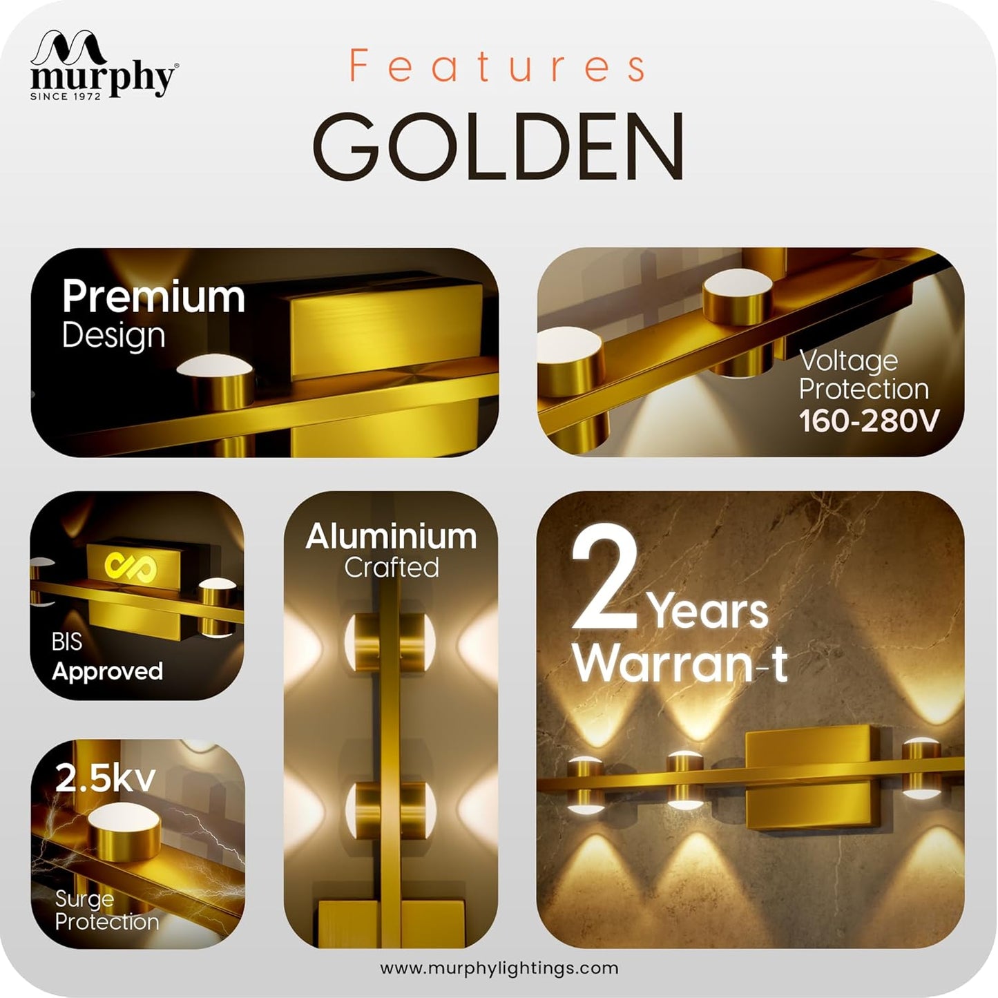 Murphy LED Stylish Up/Down Wall Light – Warm White, Rustproof Aluminum Body (4 Up & 4 Down, Gold Finish) (with 2 Years Warranty)