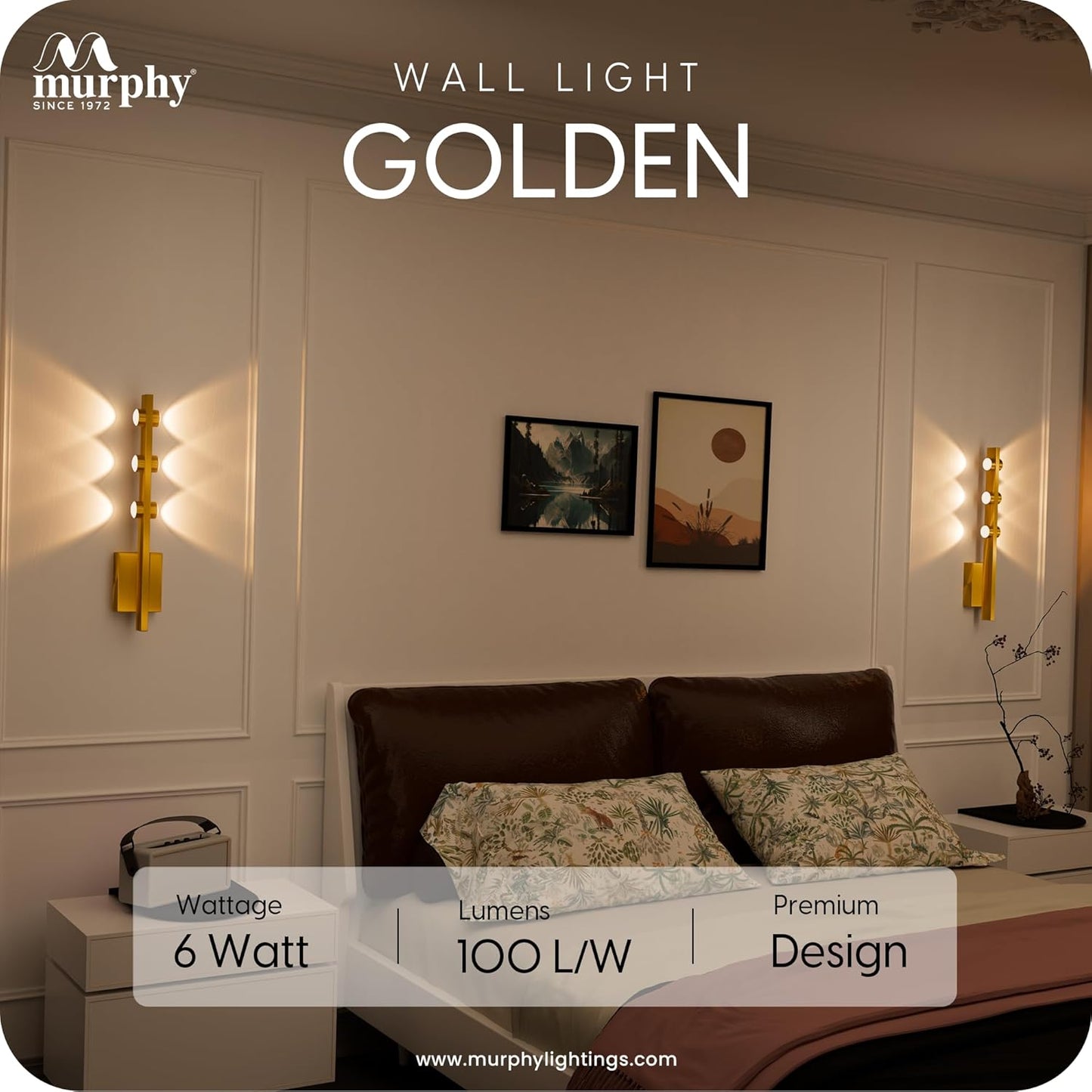 Murphy LED Stylish Up/Down Wall Light – Warm White, Rustproof Aluminum Body (3 Up & 3 Down, Gold Finish) (with 2 Years Warranty)
