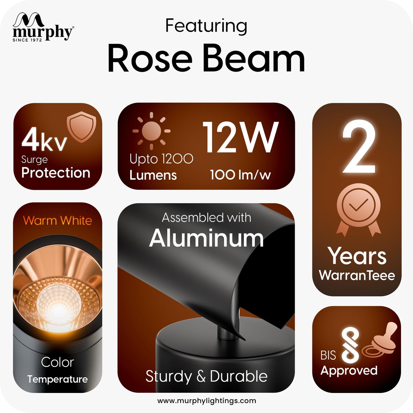 Murphy 12W LED Surface Mount Spot Light for Ceiling Warm White, Aluminium Body, Anti-Glare Design, Indoor Use – Black Rose Gold Finish, 2-Year Warranty