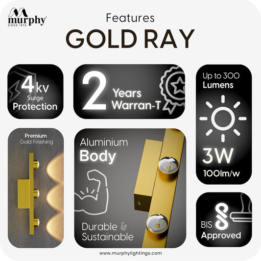 Murphy 3-Glow Goldray|LED Mirror/Vanity Light|- Luxurious Gold Finish|Warm White,