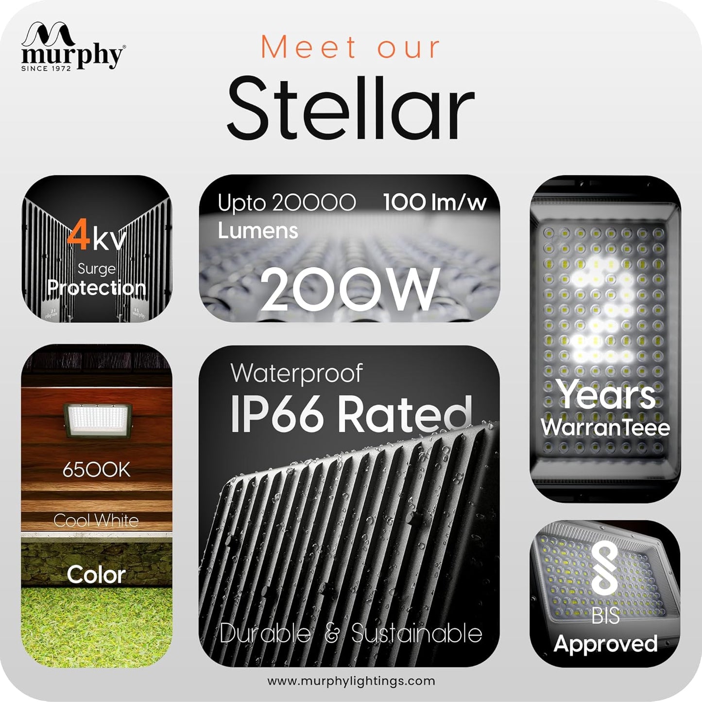 Murphy Stellar 200W LED Flood Light | Ultra-Bright 6500K Cool White | IP66 Waterproof & Surge Protected | High Lumen Outdoor Security Light for Factory, Sports Ground