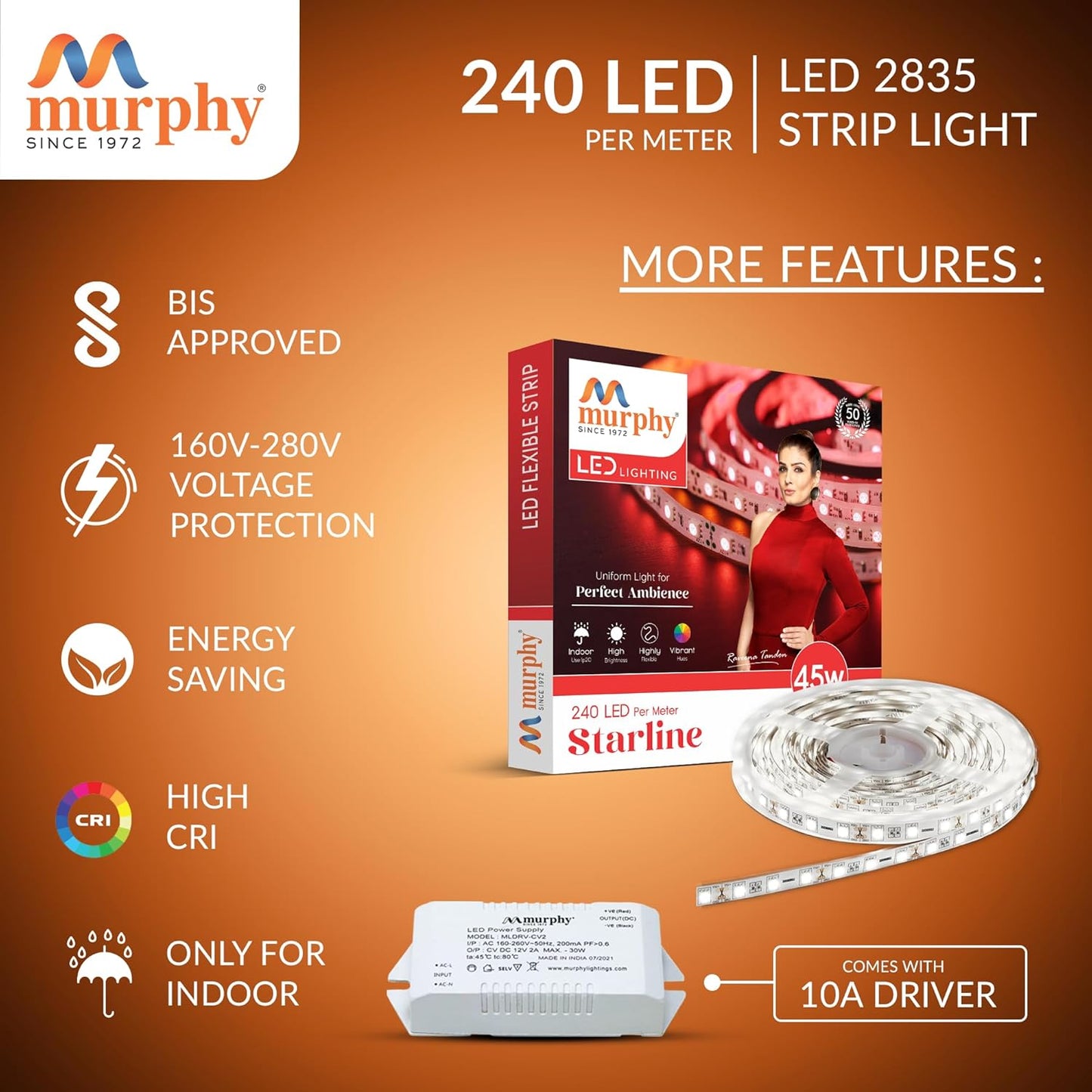Murphy 45W LED Strip Light 2835 High Lumen 5 Metre (120 LEDs/Mtr) Cool White – 12V DC 10A Driver Included | Cove/False Ceiling/Decor Light