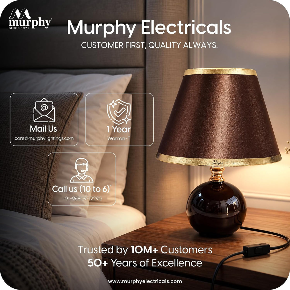 Murphy Noctra 3-in-1 LED Table Lamp with Brown Fabric Shade & Gold Accents | E27 Bulb Included | 1 Year Warranty