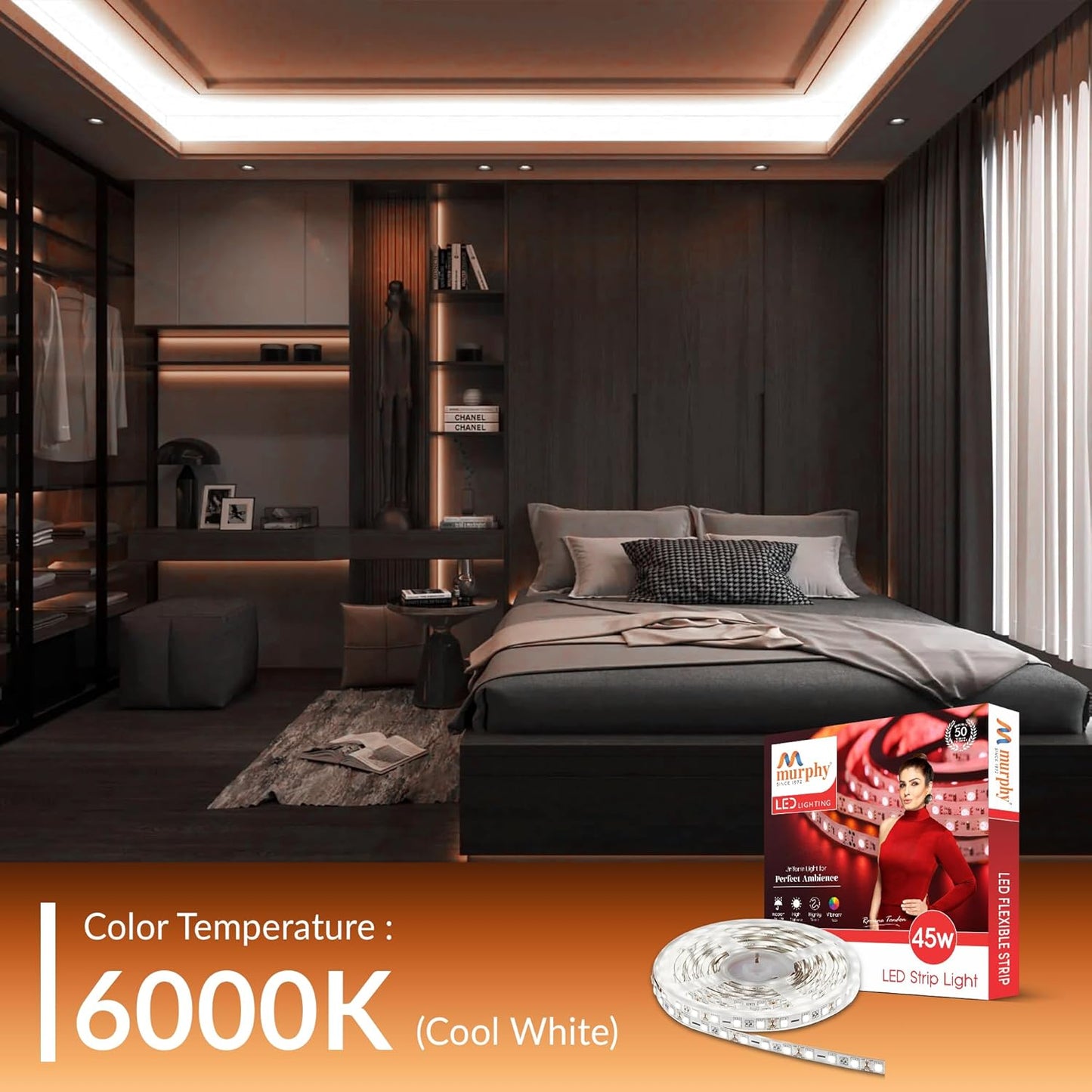 Murphy 45W LED Strip Light 2835 High Lumen 5 Metre (120 LEDs/Mtr) Cool White – 12V DC 10A Driver Included | Cove/False Ceiling/Decor Light