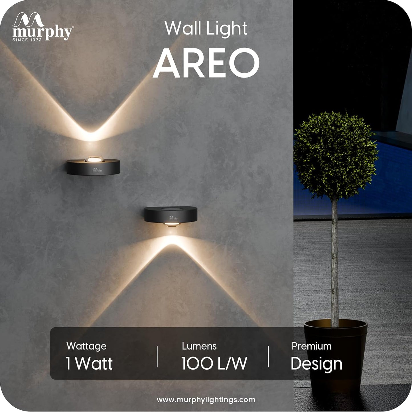 Murphy Areo 1-Way Waterproof LED Wall Light – Warm White, Aluminum Body, 2-Year Warranty, Indoor & Outdoor