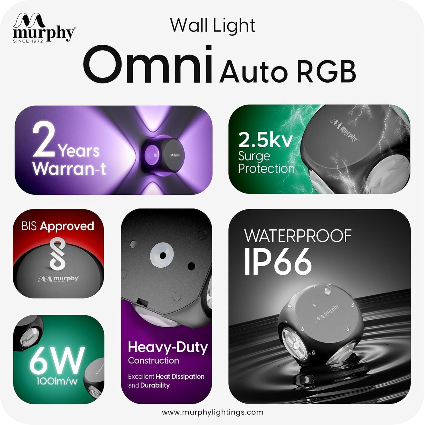 Murphy 6W LED Outdoor Wall Light | 4-Way Omni Beam| with–2-Year Warranty | 7+ Auto-Changing Colours IP66 Waterproof Aluminium Body,
