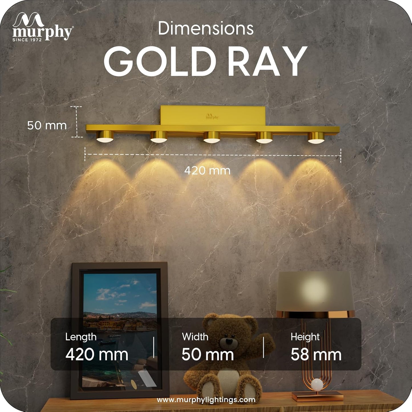Murphy 5-Glow Goldray|LED Mirror/Vanity Light|- Luxurious Gold Finish|Warm White, 2-Year Warranty